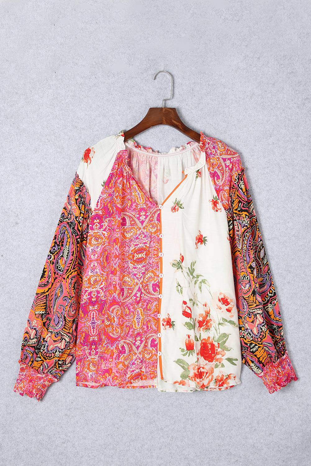 Frill Floral Shirred Cuff Long Sleeve Blouse