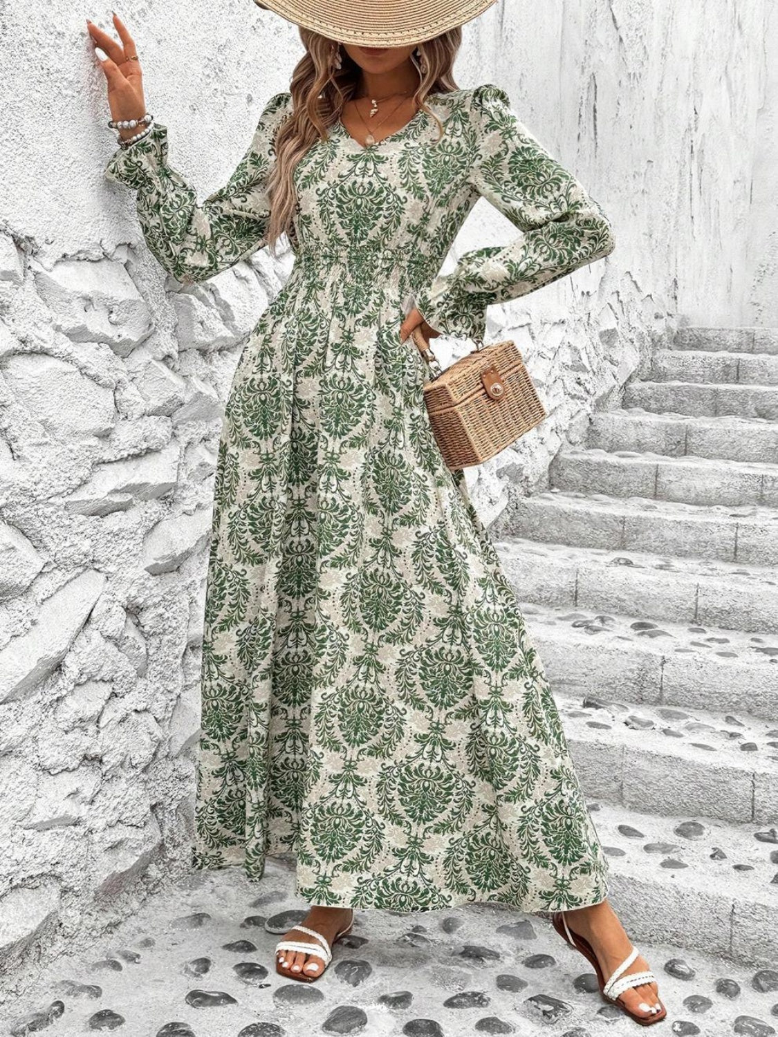 Smocked Printed V-Neck Flounce Sleeve Dress