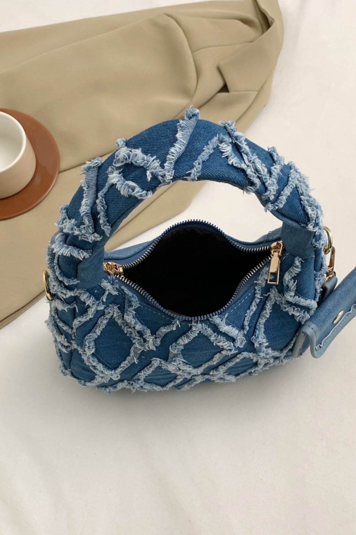 Raw Edge Denim Handbag with Pouch