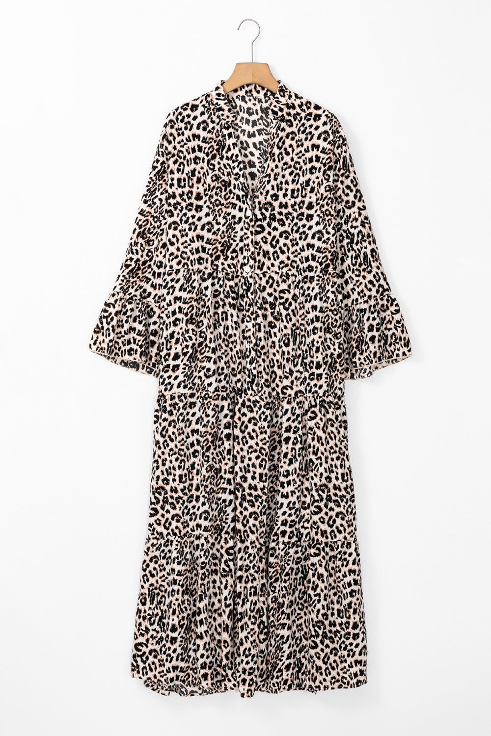 Leopard Notched Long Sleeve Maxi Dress