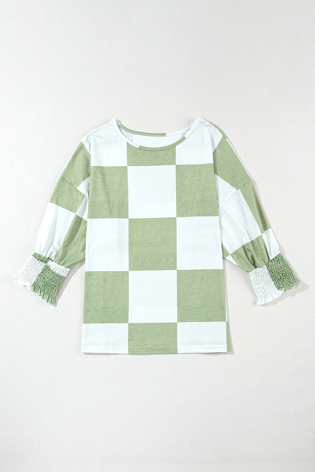 Grass Green Mix Checkered Print Shirred Cuffs Blouse