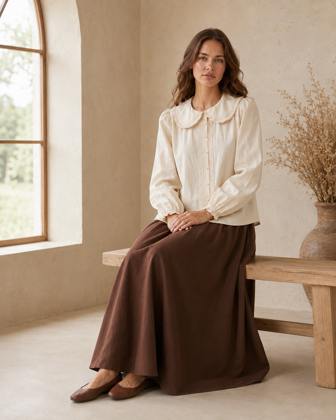 Contrast Stitch Peter Pan Collar Top in Cream