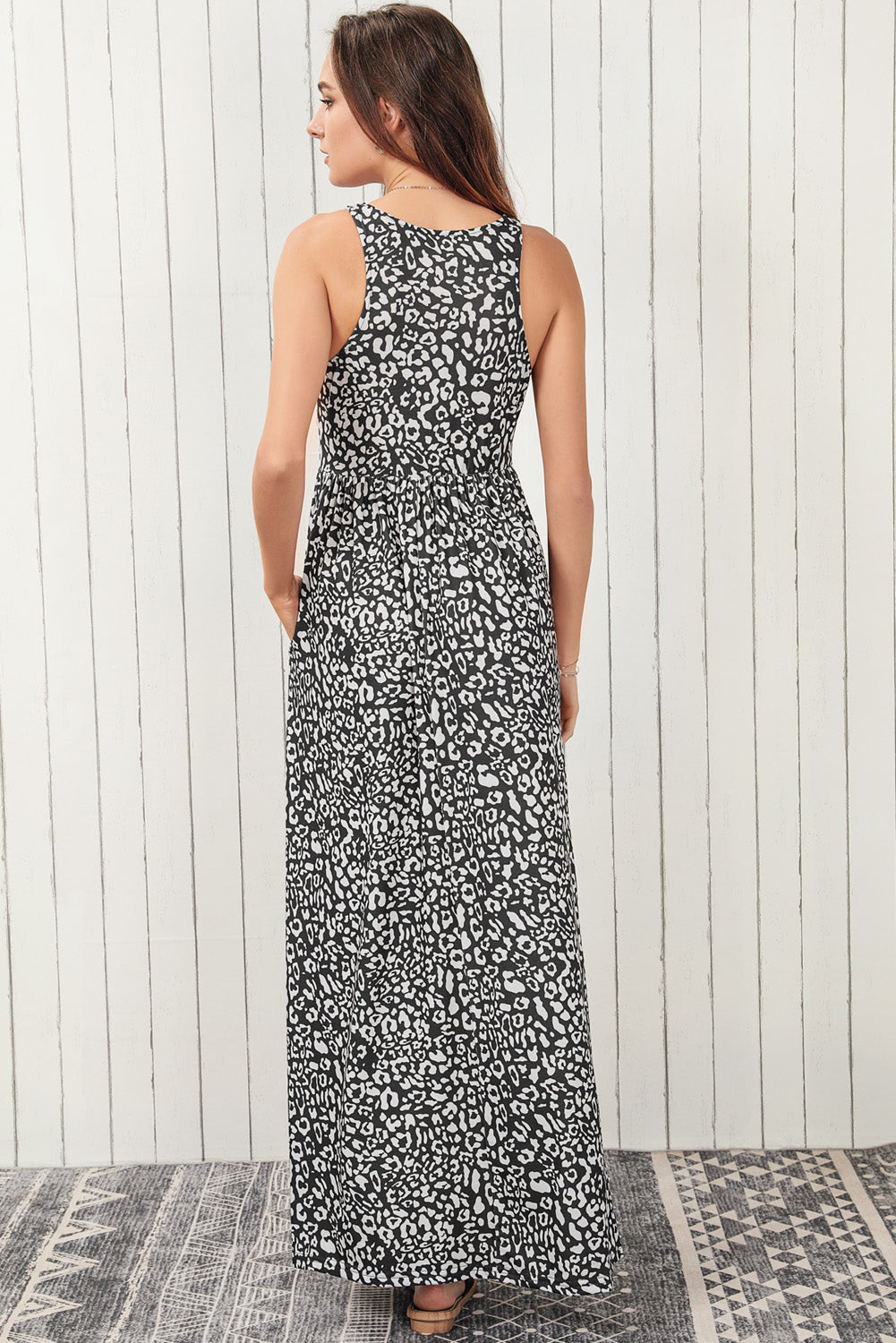 Rose Leopard Print Pocketed Sleeveless Maxi Dress