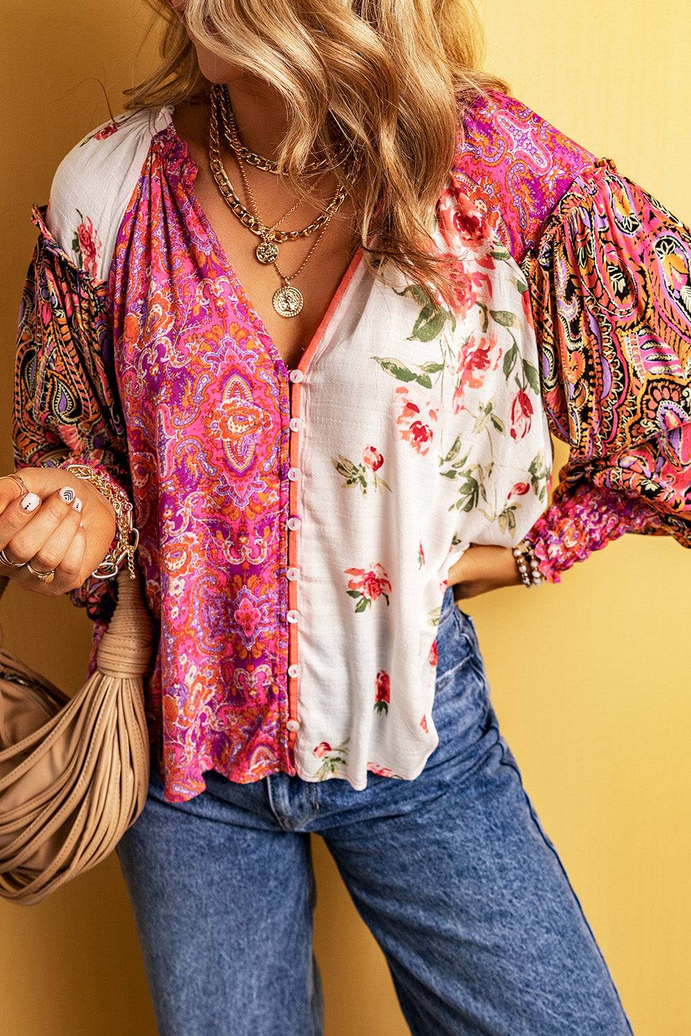 Frill Floral Shirred Cuff Long Sleeve Blouse