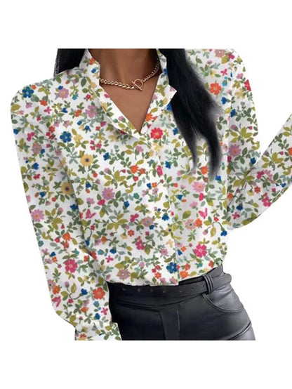 Floral Printed Long Sleeve Casual T Shirt Lapel Button Blous: Navy