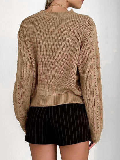 Perfee Openwork Round Neck Long Sleeve Sweater