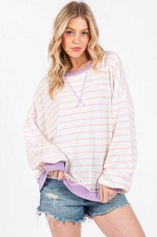 Ces Femme Striped Round Neck Drop Shoulder Sweatshirt