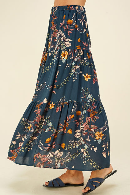 Teal Floral Three-Tier Maxi Skirt - full length view
