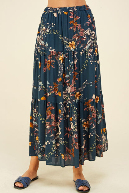Teal Floral Three-Tier Maxi Skirt - lifestyle view