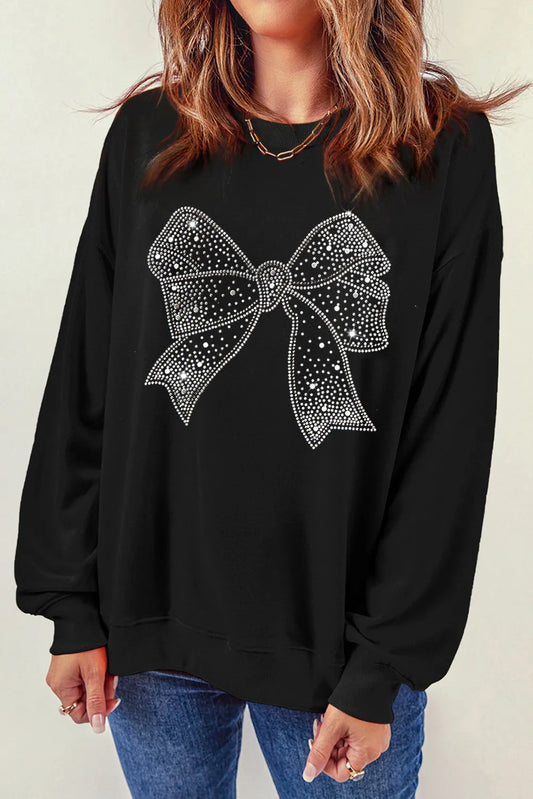 Rhinestone Bow Round Neck Long Sleeve Sweatshirt