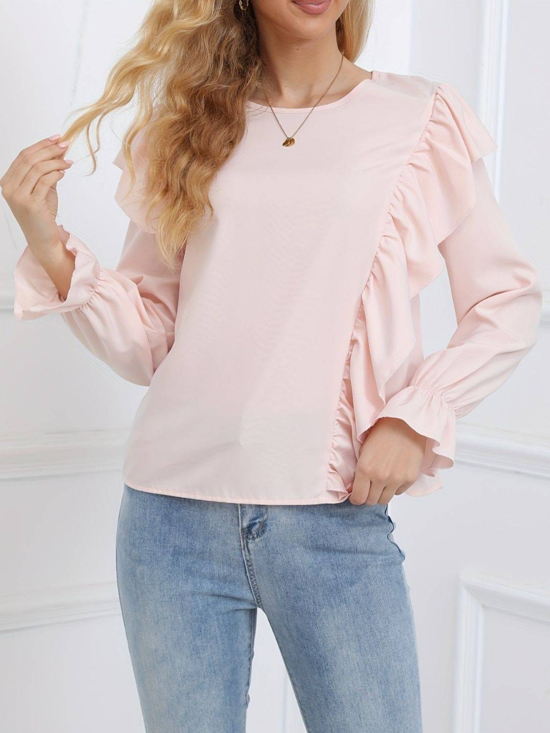 Ruffled Round Neck Long Sleeve Blouse