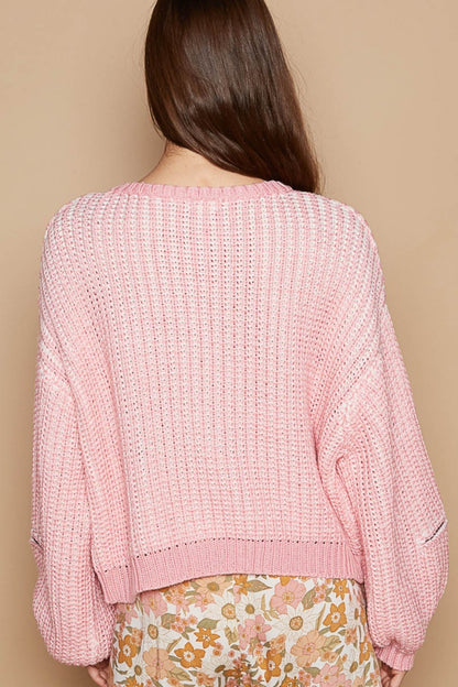 POL Round Neck Heart Patch Zipper Point Sleeve Sweater