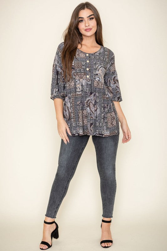 Button Accent Paisley Top