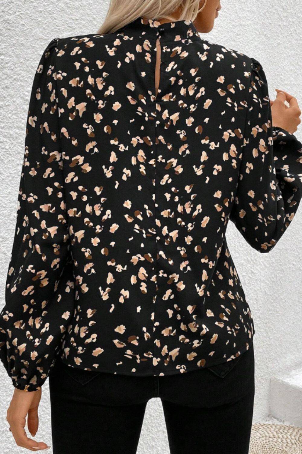 Printed Mock Neck Balloon Sleeve Blouse