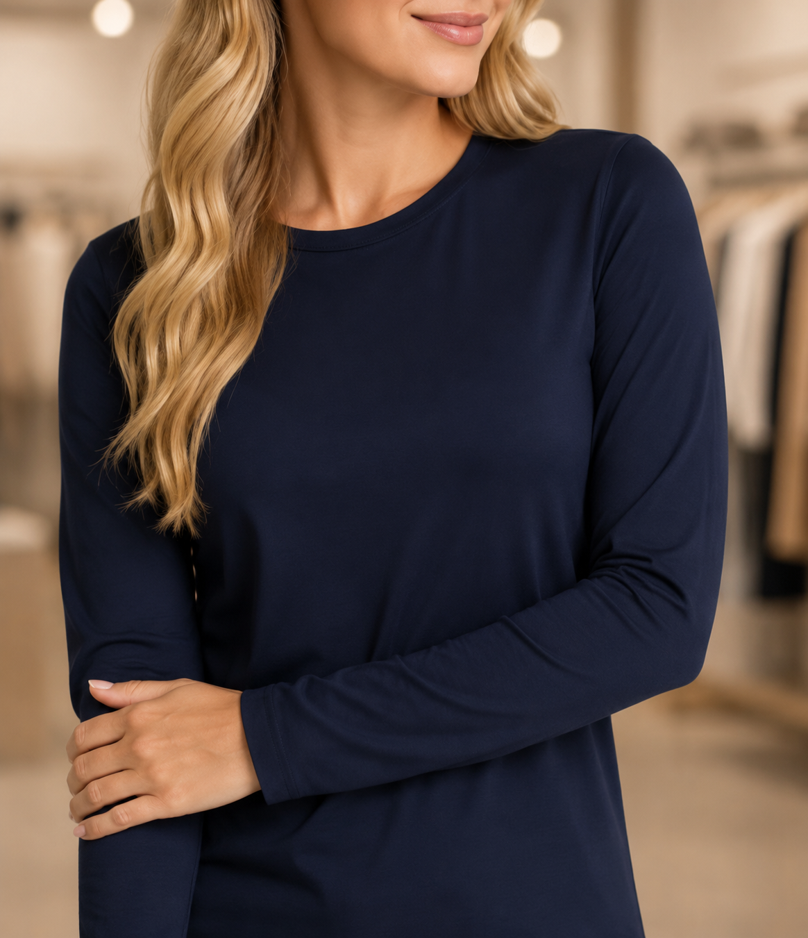 Ladies Lux Long Sleeve Layering Top by ModestAndDevoted in basic colors, shown in a close-up of the soft, fitted fabric.