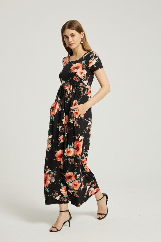 Womens Summer Casual Floral Maxi Dress With Pocket