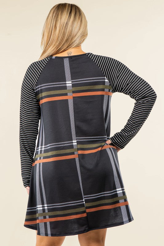 Plus Stripe Sleeve A- Line Mini Dress