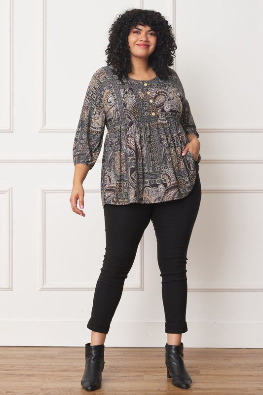 Plus Button Accent Paisley Top