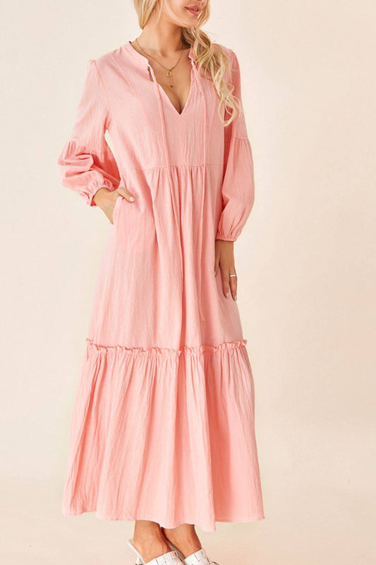 Frill Tiered Tie Neck Long Sleeve Dress