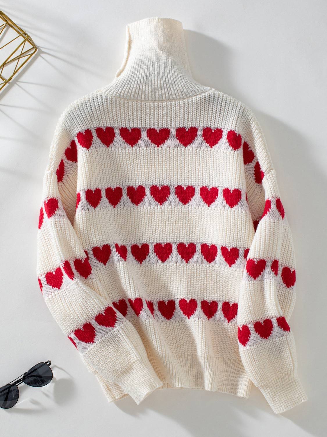 Heart Turtleneck Dropped Shoulder Sweater