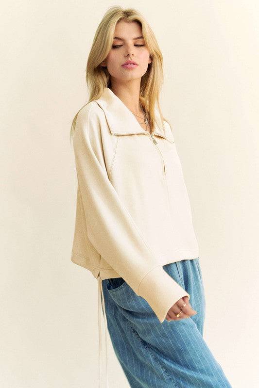 Davi & Dani Drawstring Hem Half Zip Raglan Sleeve Sweatshirt