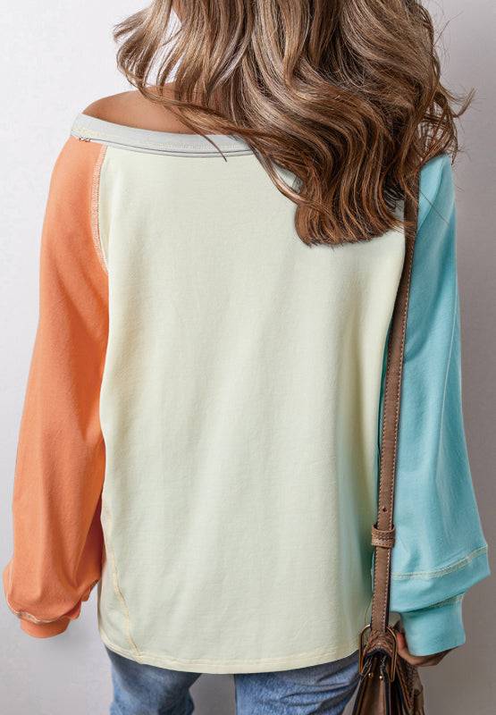 Color Block Round Neck Long Sleeve T-Shirt