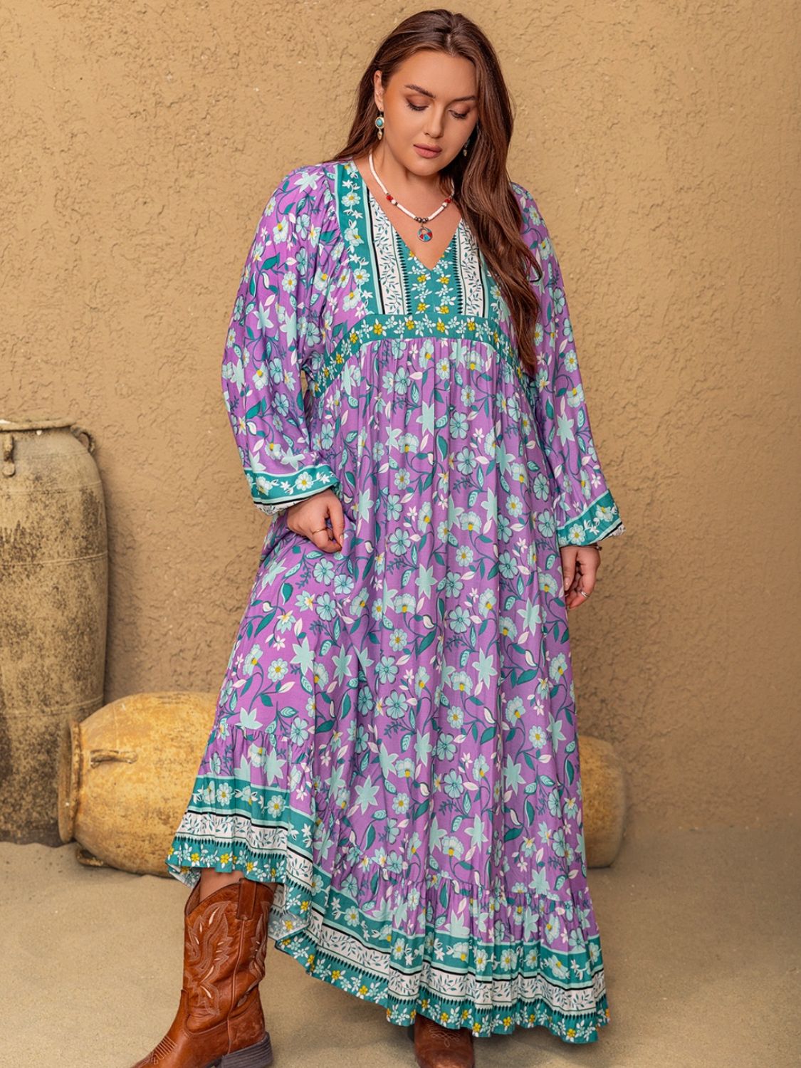 Plus Size Printed V-Neck Long Sleeve Maxi Dress