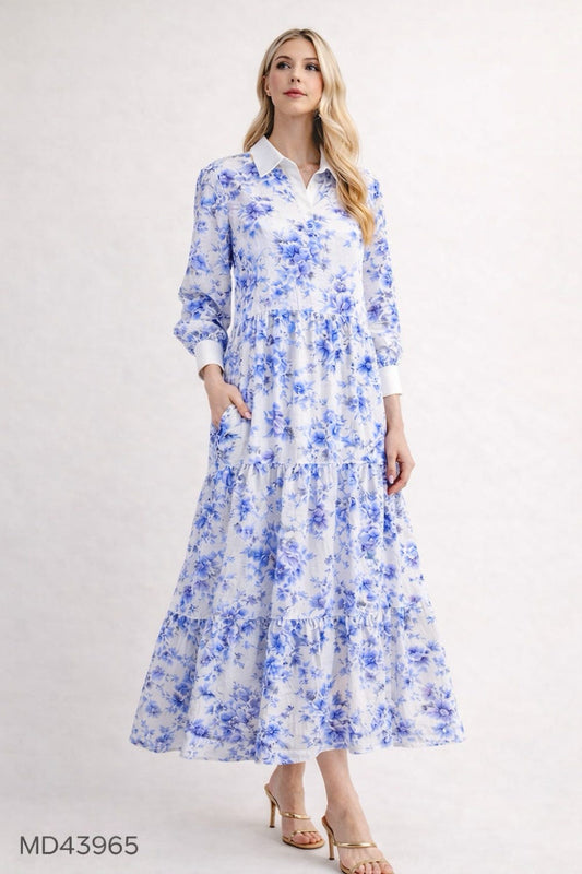 Classic Collared Floral Tiered Maxi Dress - PREORDER