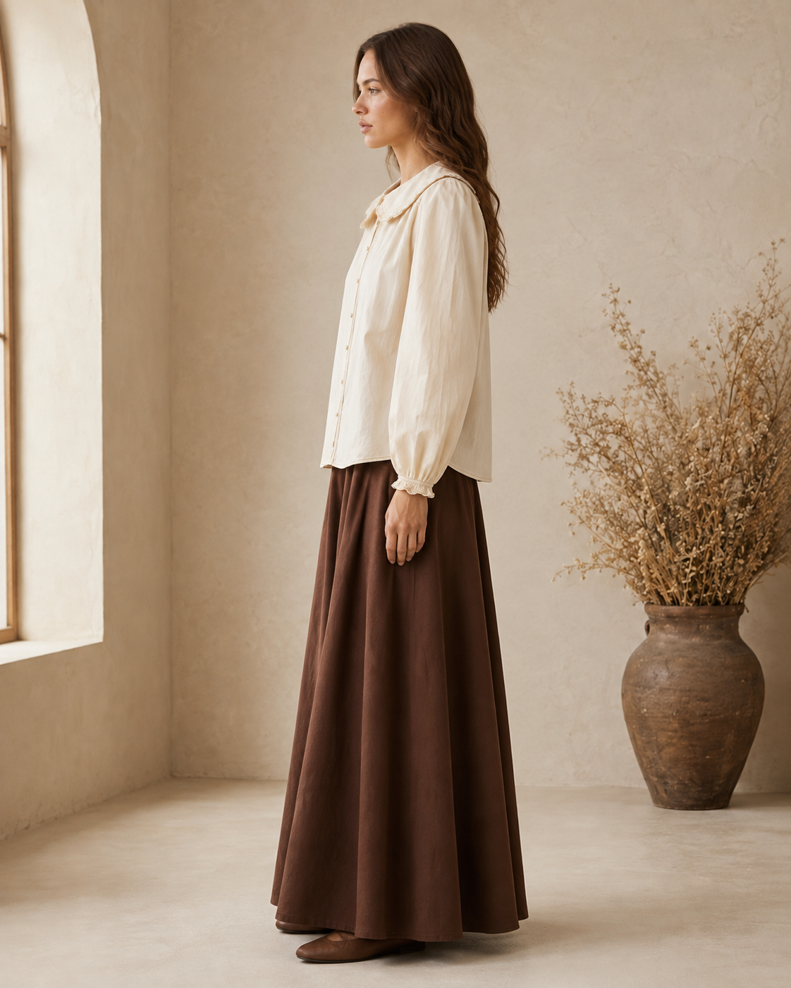 Contrast Stitch Peter Pan Collar Top in Cream