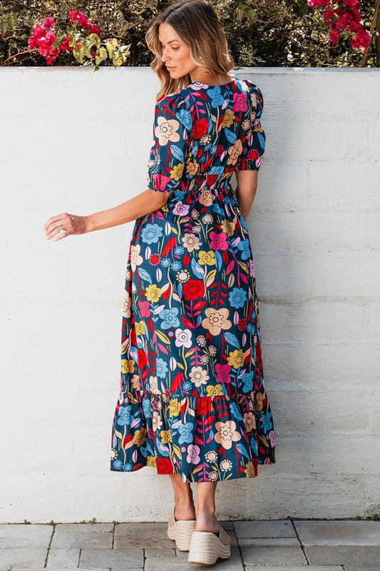 Women Retro Floral Printed Split Neck Maxi Dress