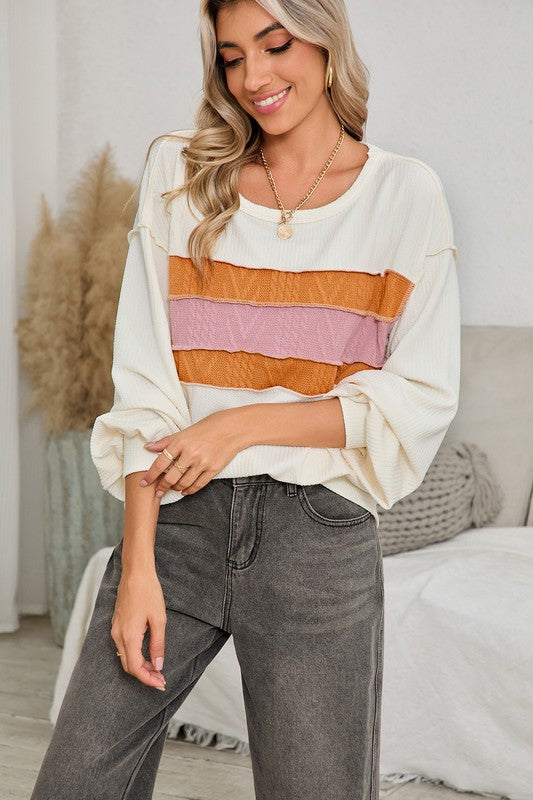 Corded Exposed Seam Patchwork Drop Sleeve Top