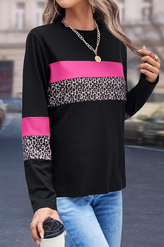 Colorblock Patchwork Crew Neck Long Sleeve Tee