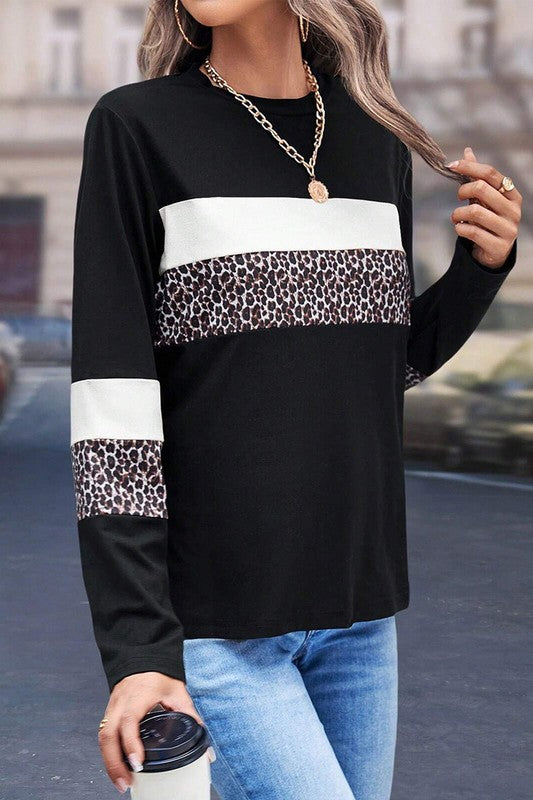 Colorblock Patchwork Crew Neck Long Sleeve Tee