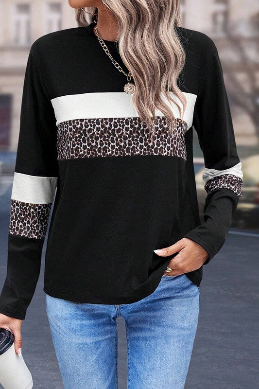 Colorblock Patchwork Crew Neck Long Sleeve Tee