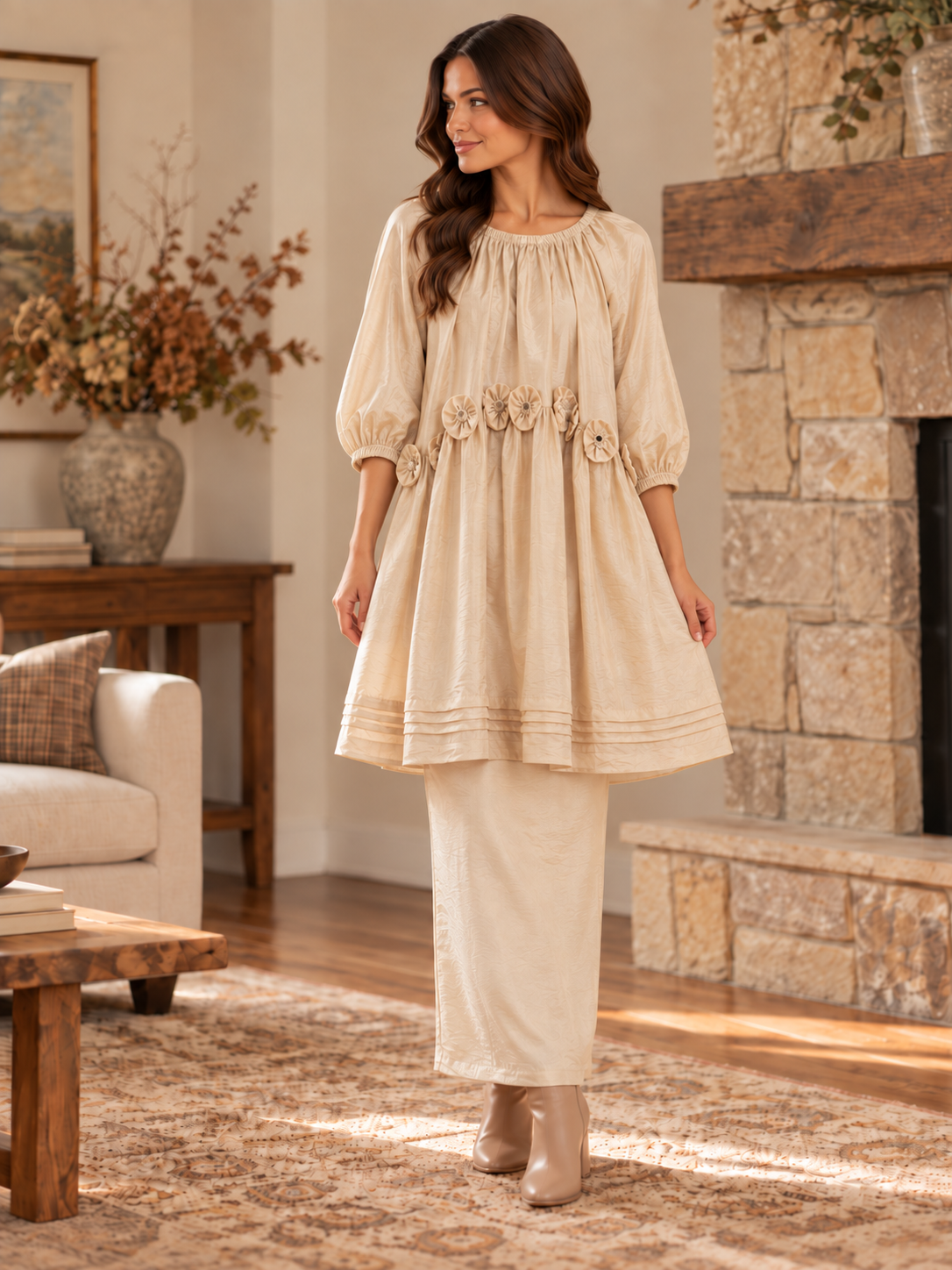 HEYSON Champagne Tencel Floral Appliqué Dress & Tunic lifestyle view 1