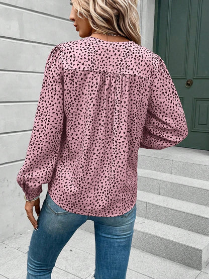 Printed Notched Long Sleeve Blouse