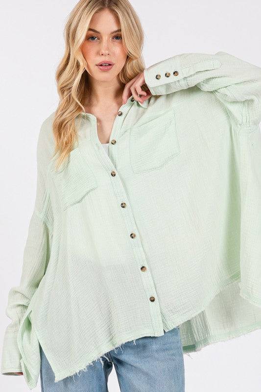 SAGE + FIG Frayed Hem Side Slit Button Down Shirt