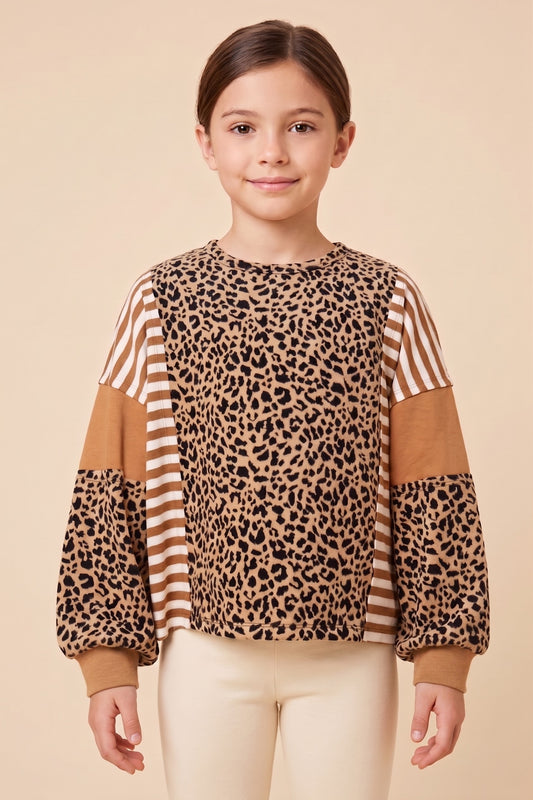 Girls Leopard Print Color Block Sweatshirt