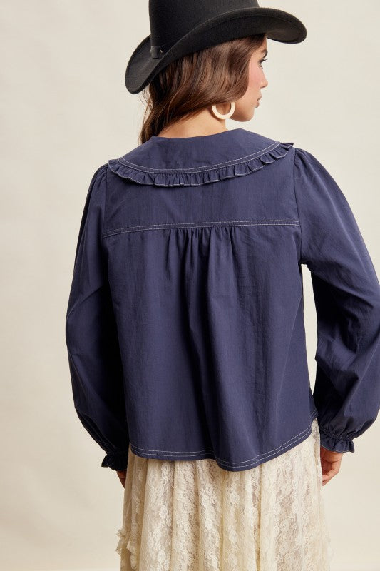 Contrast Stitch Peter Pan Collar Top in Navy