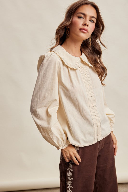 Contrast Stitch Peter Pan Collar Top in Cream