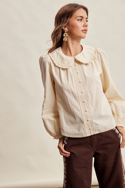 Contrast Stitch Peter Pan Collar Top in Cream