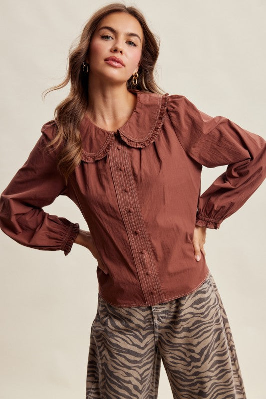 Contrast Stitch Peter Pan Collar Top in Terracotta