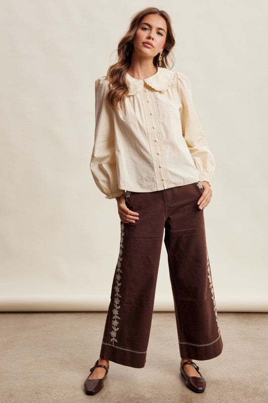 Contrast Stitch Peter Pan Collar Top in Cream