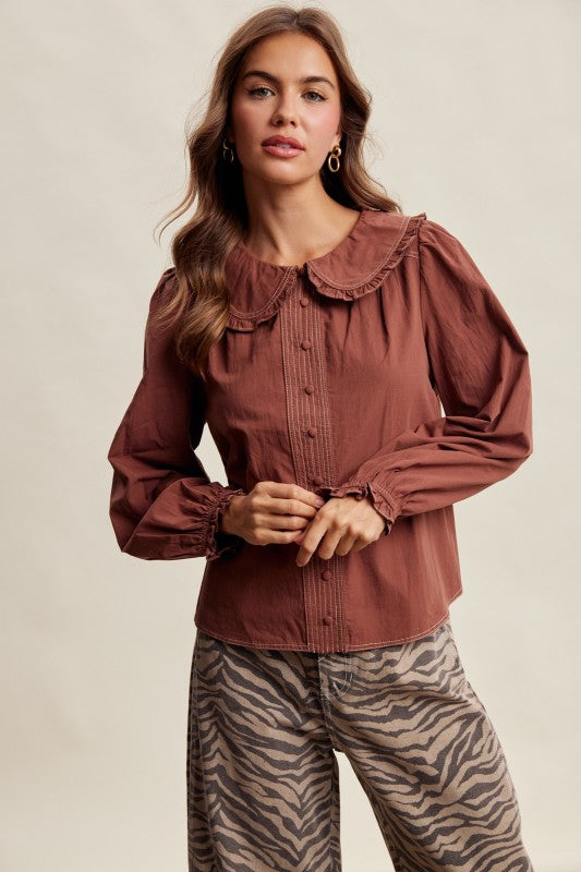 Contrast Stitch Peter Pan Collar Top in Terracotta