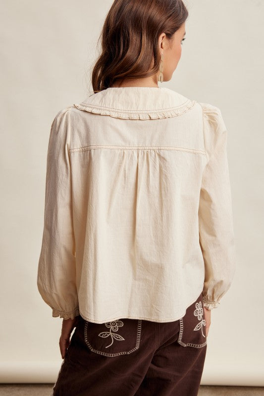 Contrast Stitch Peter Pan Collar Top in Cream