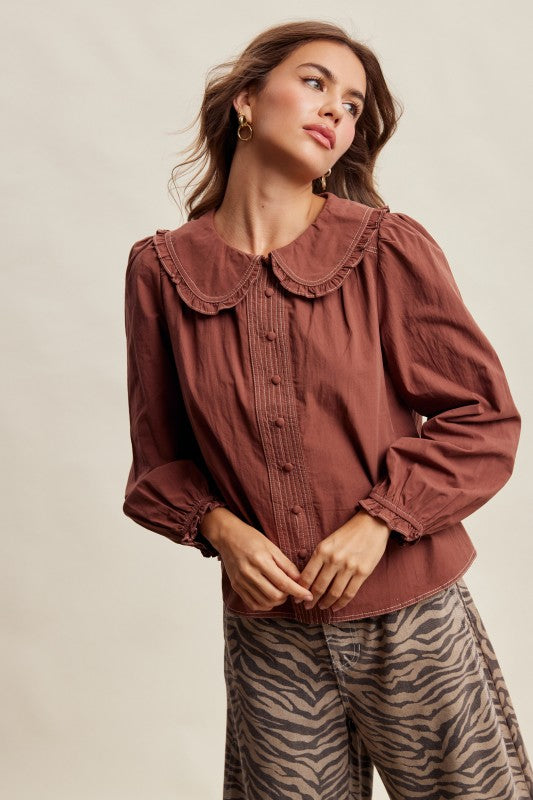 Contrast Stitch Peter Pan Collar Top in Terracotta
