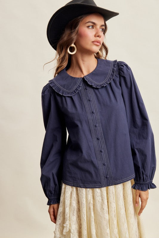 Contrast Stitch Peter Pan Collar Top in Navy