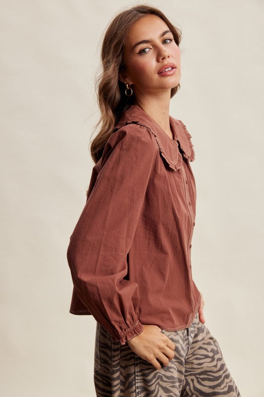 Contrast Stitch Peter Pan Collar Top in Terracotta