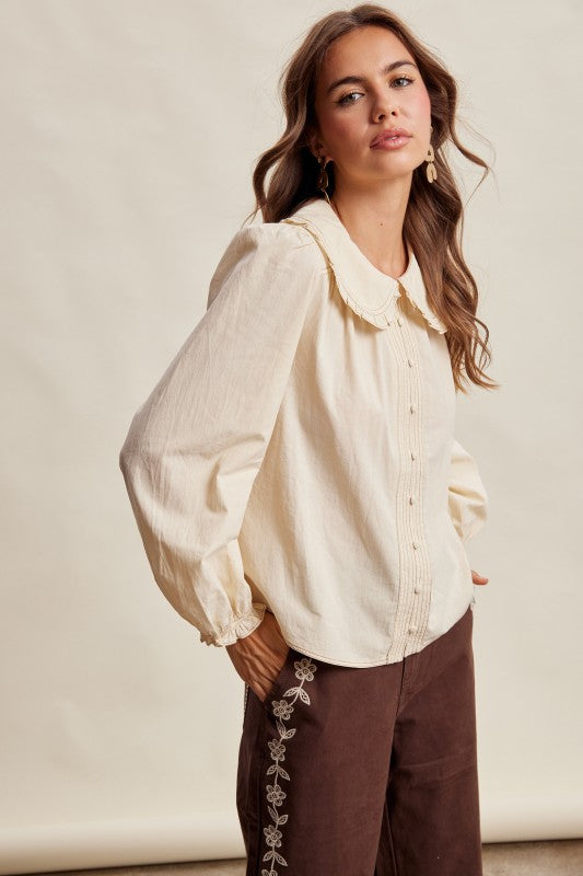 Contrast Stitch Peter Pan Collar Top in Cream