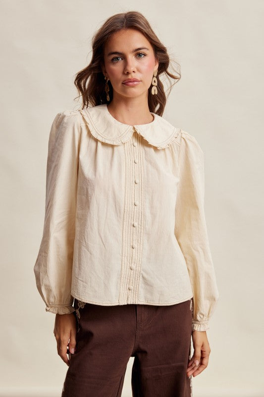 Contrast Stitch Peter Pan Collar Top in Cream